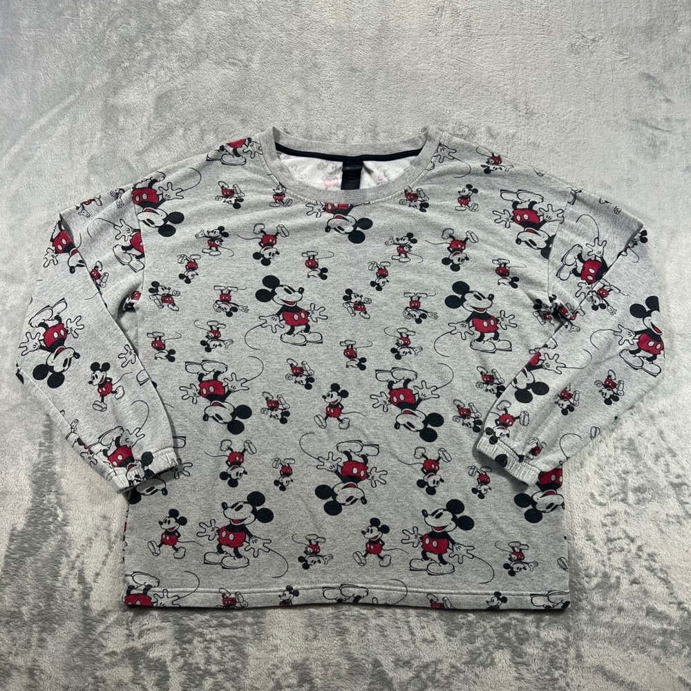 DISNEY Mickey Mouse Pajama Set Womens Small Gray All Over Print PJs Cozy